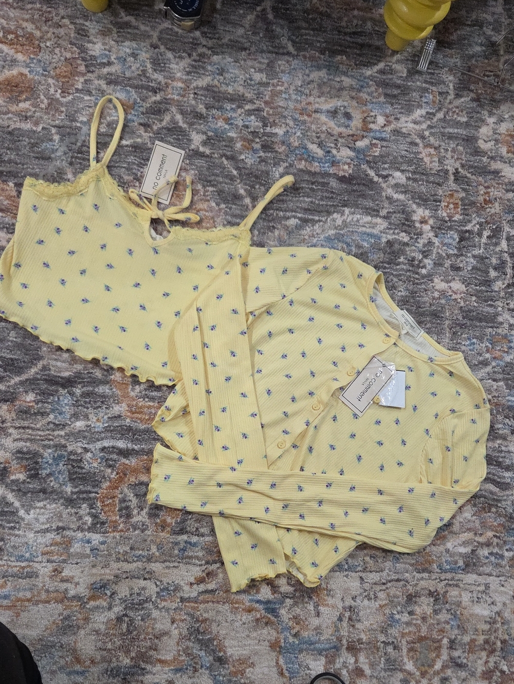 Cozy Yellow Floral Ribbed Camisole & Cardigan Set